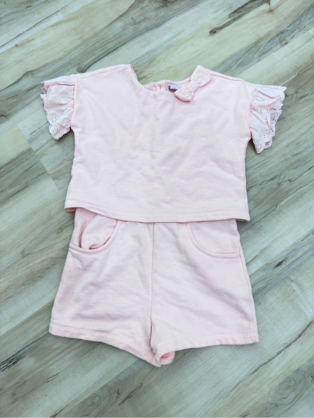 Janie & Jack one piece pink ruffle bow romper jumpsuit comfy cotton blend Sz 7